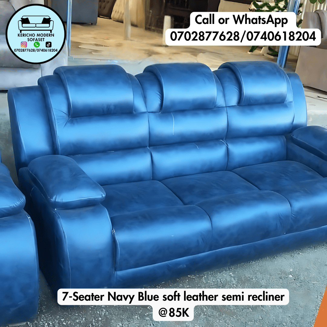 7-Seater Navy Blue soft leather semi recliner